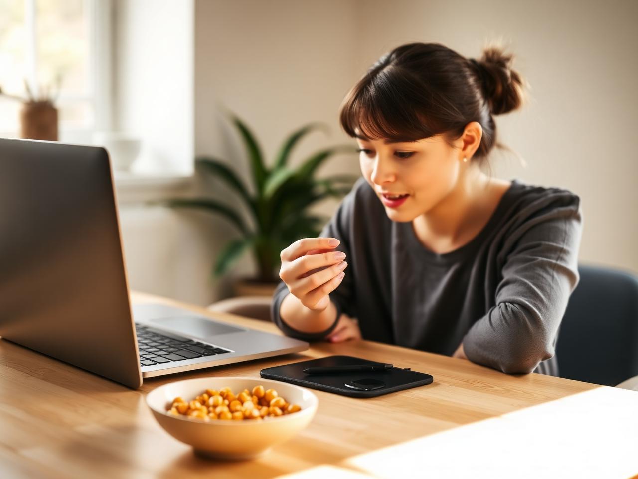 Woman snacking on roasted chickpeas at her desk