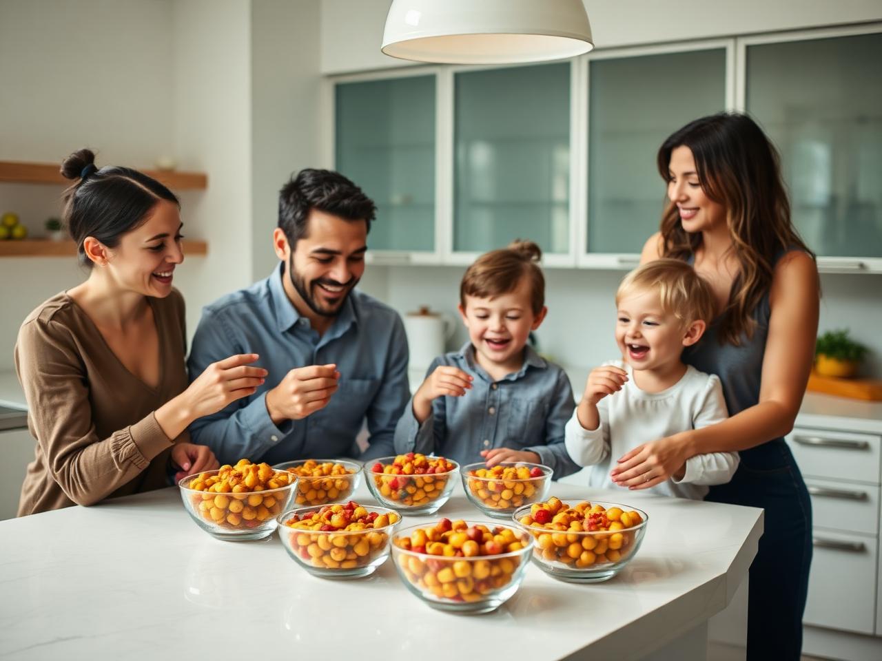 Family enjoying colorful chickpea snacks in a modern kitchen